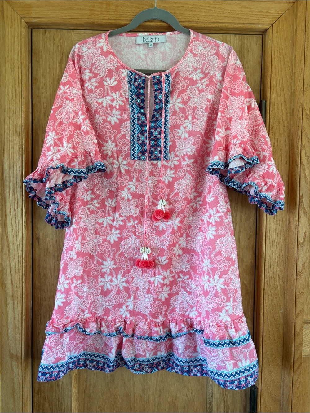 Bella Tu Pink Floral Swim Coverup Tunic with Tassel Detail